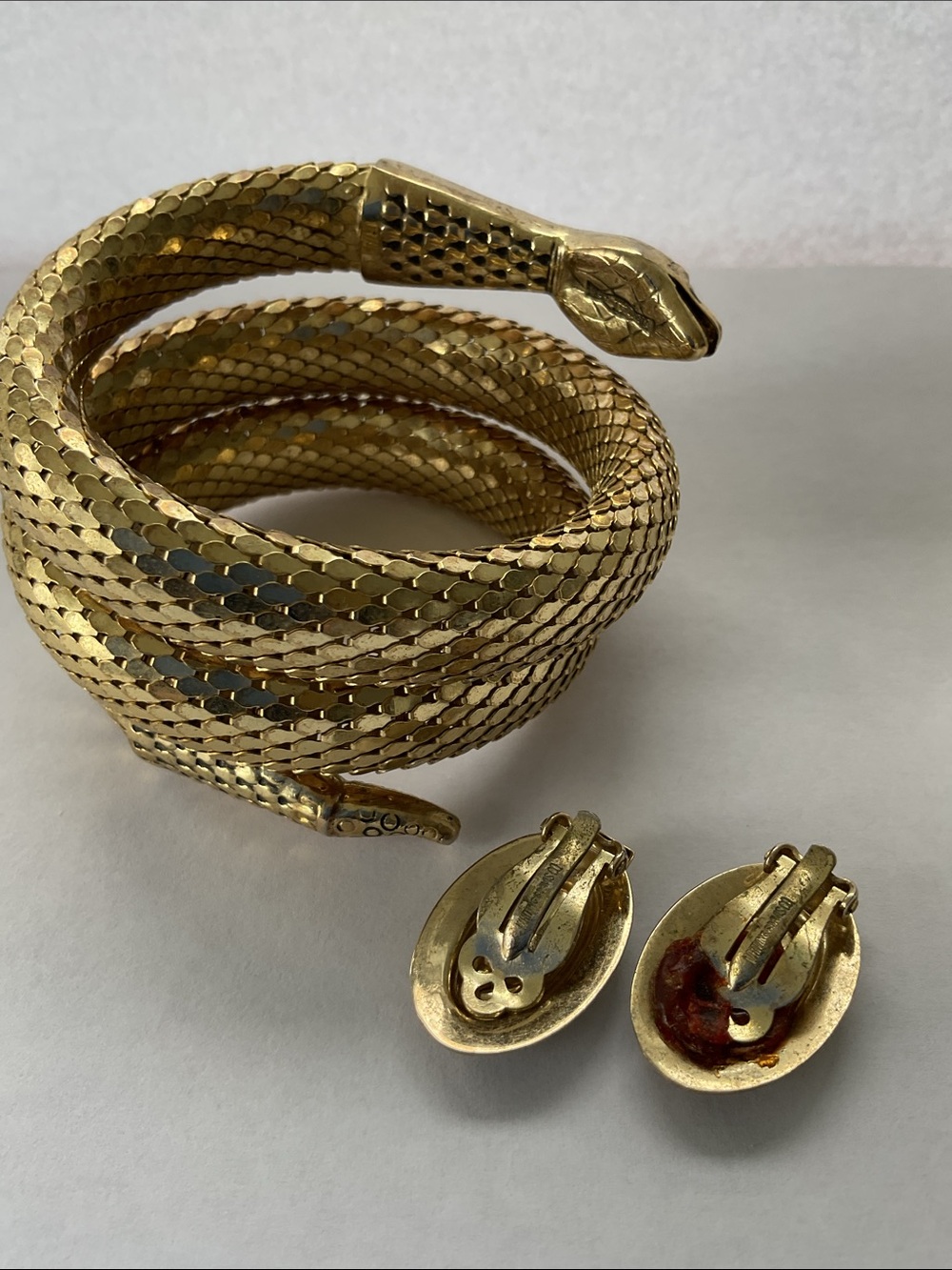 VTG Gold Mesh Snake Coil Whiting and Davis Bracelet & Clip Earrings Signed SET - Picture 5 of 9